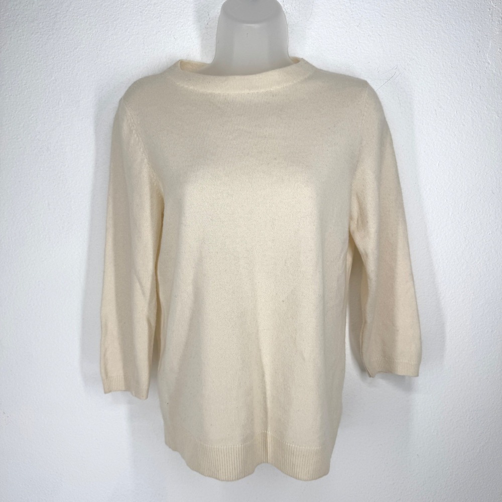 Women 100% Cashmere Crew Neck Sweater Cream 3/4 Sleeve Size S Capsule Minimalist